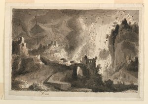 Teckning, scenografi, stadsbränning, ca 1810-20