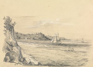 En kustlinje med fartyg till sjöss av Unknown artist