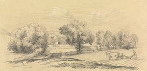 En gård med bonden och hans häst och plog i förgrunden av Unknown artist