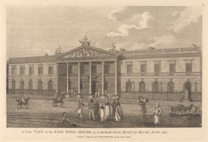 En frontvy av East India House i Leadenhall Street av Unknown artist