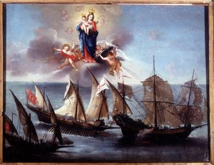 En Genuabåt attackerad av en galiot och en barbar halvgalär. Ex-voto 1796. Sjömuseet i Genua-Pegli. av Unknown artist