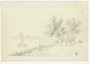 En hamn med en segelbåt av Unknown artist