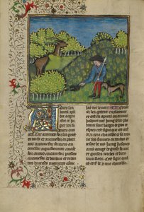 En jägare och en hund undersöker en hjorts sporer av Unknown artist