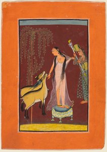 En dam med skötare och ett par rådjur: Förmodligen Gujari Ragini från Dipak, från en Pahari Ragamala av Unknown artist