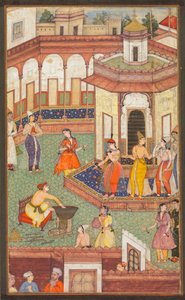 En man doppar sin hand i en kittel när Ladies of the Harem står i häpnad: A Page from a Manuscript of Religious History av Unknown artist