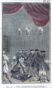 En frimurarceremoni - baserad på en gravyr från samlingen "Order of the Betrayed Freemasons" av Fader Perau av Unknown artist