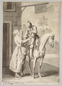 En soldat i rustning framför en krog av Unknown artist
