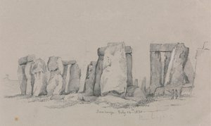 En vy av Stonehenge med två figurer i förgrunden av Unknown artist