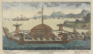 En vy av den franska flotten, som den ses flytande vid St. Maloes, i februari 1798. Maskinen är 600 fot lång och 300 bred, monterar 500 stycken kanoner, 36 och 48 pund, och ska transportera 15 000 trupper och för invasionen av England. av Unknown artist