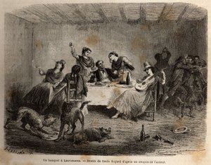 En bankett i Lauramarca (Nedre Peru), en man omgiven av indiska kvinnor, serveras och skämmas bort, medan hans tjänare drar fördel av hans distraktion och stöter ihop utan hans vetskap. Gravyr för att illustrera resan i Quinquinas dalar (Peru), av av Unknown artist