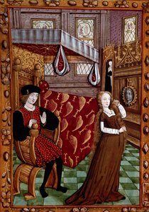 Ett par i ett sovrum, kvinnan klär miniatyr från "Histoire de Jean III de Brush et de son fru Louise de Laval"" (ms. 1475, fol. 6r) Chantilly, Musee Conde av Unknown artist