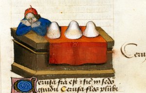 En hjorthandlare, använder för kosmetika Beskrivning av medicinalväxter och hur man förbereder dem. Manuskriptsida “” Treats on herbs”” (Tractatus de herbis) av Pedanius Dioscorides (Dioscorides) (40-90 AD) Lat.1152 av Unknown artist