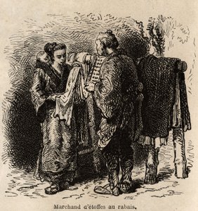 En tyghandlare gör artikeln till en ung kvinna som bär sitt barn på ryggen. Gravyr för att illustrera resan till Japan, av Aime Humbert, minister för Schweiziska edsförbundet, 1863-1864, publicerad i "" le tour du monde", under regi av Unknown artist