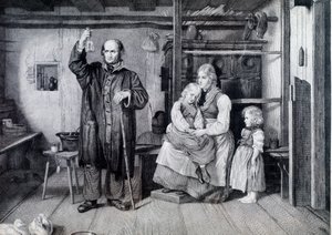 En läkare undersöker en flaska, förmodligen en urinflaska, under ett besök hos en mamma och hennes två barn som lever i fattigdom (gravyr) av Unknown artist