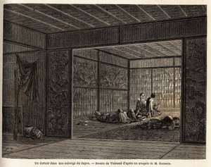 En sovsal på ett värdshus i Japan. Gravyr för att illustrera resan till Japan 1863-1864, av Aime Humbert, minister för Schweiziska edsförbundet, i "Le tour du monde, nouveau journal des voyages", publicerad under ledning av Edouard Charton av Unknown artist