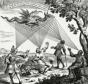 En drake sedd från olika synvinklar, baserad på en kopparstick av Zahns "Oculus artificialis teledioptricus". av Unknown artist