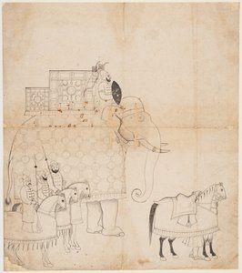 En teckning av Caparisoned Elephant and Horses av Unknown artist