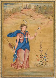 En kvinnlig figur som står i ett landskap med en fyrsträngad "khuuchir" och en lotusblomma av Unknown artist