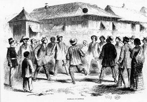 En fotbollsmatch i Manila (Filippinerna) - gravyr av Unknown artist