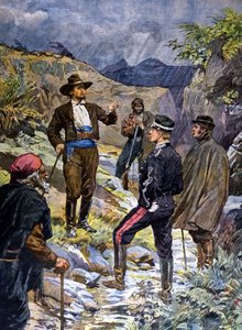 En gendarm som tagits till uppgift av en brigand från Sardinien. 1899. av Unknown artist