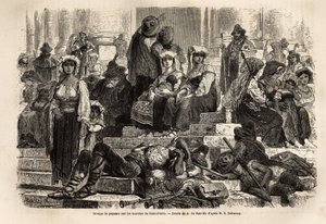 En grupp bönder och herdar samlas för att fira Stilla veckan på St Peters trappa i Vatikanen. Gravyr för att illustrera historien om Stilla veckan i Rom, 1863, av Ludovic Celler, i "Le tour du monde, nouveau journal des voyages"" av Unknown artist