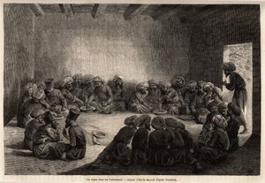 En måltid på Turkomans (Irak). Teckning av Emile Bayard (1837-1891), för att illustrera resan till Centralasien, 1863, av Arminius Vambery (ungersk vetenskapsman förklädd i dervisch). Gravyr i "" Le tour du monde"", redigerad av Edouard Charton av Unknown artist