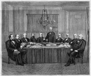 Ett möte i ministerrådet i Versailles. Från vänster till höger: Louis Buffet (1818-1898), inrikesminister; Leon Say (1826-1896), finansminister; Henri Wallon (1812-1904), minister för offentlig undervisning, gudstjänst och konst; Alfred av Unknown artist