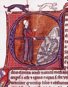 En munk framför en damm, en siren är representerad bland miniatyrfiskarna hämtade från manuskriptet "Speculum historiale"" (The Mirror Historial) av Vincent de Beauvais (1184/94-1264) Laon från 1200-talet, kommunalt bibliotek av Unknown artist