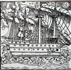 En navigator på en portugisisk karavel som använder en astrolabium. Gravyr från den tyske sjöfararen Hans Stadens (1525-1579) reseberättelser. av Unknown artist