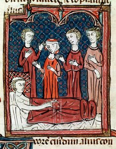 En patient i sängen omgiven av läkare (miniatyr av Unknown artist