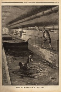 En segutter från Paris dränks genom att rengöra en tjusig härledning. Gravyr i "" Le petit journal"" 1899-09-15. Selva samling. av Unknown artist