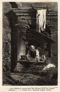 En skomakare, som inrättade sin butik och arbetar i forntida ruiner. Engravure pour illustrrer le voyage à Rome, av Francis Wey, 1864-1868, publicerad i "" Le tour du monde""" 1869, redigerad av Edouard Charton, upplaga Hachette, Paris. Selva samling. av Unknown artist