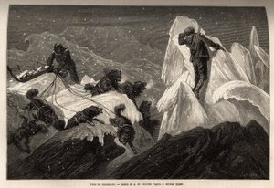 En släde och hans besättning förlorade i Hummocks, sönderrivna isblock som animerar ytan på ispacken. Gravyr för att illustrera resan till den arktiska polens fria hav, av doktor Hayes, kirurg vid den amerikanska flottan, 1860-1862, publicerad i " av Unknown artist