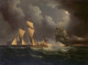 En smugglande lugger jagad av en örlogsbrigg, ca 1825 (olja på duk) av Unknown artist