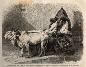 En resetank som avfyras av två vita oxar, för damer eller rika hinduer. Gravyr för att illustrera resan i Indiens meridionalprovinser, av Alfred Grandidier, 1862-1864, publicerad i "" le tour du monde", under ledning av D