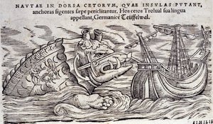 En val som förväxlas med en ö. Två personer tänder en eld på baksidan av ett marint monster. Gravyr och Historia Animalium av Conrad Gessner (1516-1565), Tiguri av Unknown artist