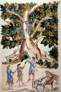 En vildkatt sätter sig på ett träd, jägare väntar på den, från boken "Trujillo del Peru" eller "Codex Martinez Companion", av Baltazar Martinez Companion och Bujanda, biskop av Trujillo (1782-1785) av Unknown artist