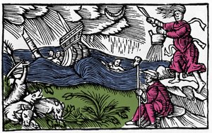 En häxa orsakar tempet efter "History of the northern nation" av Olaus Magnus, Rom 1555 av Unknown artist