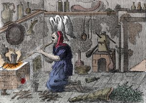 En häxa i sitt laboratorium förbereder en trolldryck, precis ett horn fyllt med magiska örter. Gravyr av 1500-talet av Unknown artist