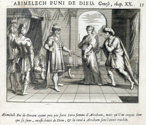 Abimelek ger Sara till Abraham - Bibel, gravyr av Unknown artist