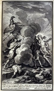 Achilles, täckt med sina nya vapen, efter att ha angripit trojanerna rigoröst, kastade han sig med raseri över Hector, som han var redo att slakta till sin förbittring, men Apollon täckte honom med ett tjockt moln för att befria denna fara. Illustration av av Unknown artist