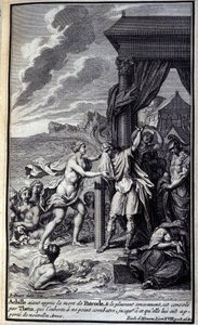 Achilles, som har hört talas om Patrokles död och gråtit honom bittert, tröstas av Thetis, som uppmanade honom att inte slåss, tills hon förde honom nya vapen." Illustration av bok XVIII av Iliaden av Homere, fransk upplaga av Unknown artist