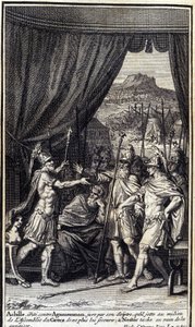 Akilles, irriterad mot Agamemnon, svär vid sin spira att han kastar mitt i grekernas församling för att inte hjälpa dem; och Nestor fläckar förgäves för att blidka dem. Illustration av bok I av Iliaden av Homere, fransk upplaga av Unknown artist