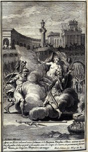 Efter en högtidlig överenskommelse mellan grekerna och trojanerna inledde Menelas och Paris en enastående strid. Den här, redo att ge efter under den andras slag, räddas av Venus som vinner Troyes i ett moln. Illustration av bok III av Iliaden av hemmet av Unknown artist