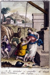 Agar till brunnen: Jag går fram till henne och ber henne ge en drink. Hon ska svara... Gravyr från början av 1800-talet. av Unknown artist