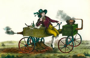 Jordbruk: plöjningsscen med ångmaskin 1834. Anonym gravyr från 1834. Privat samling av Unknown artist