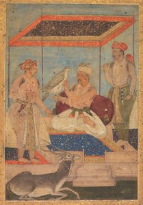 Akbar och Jahangir undersöker en Ghir-falk medan prins Khusrau står bakom av Unknown artist