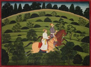 Akrura rider mot Dwarka, sida från den stora Basohli Bhagavata Purana av Unknown artist