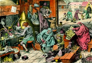 Alchemy Laboratory En alkemist som konsulterar en grimoire. Gravyr av 1500-talets privatsamling av Unknown artist