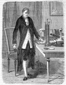 Alessandro (Alexandre) Volta byggde 1799 elektromotorn eller det elektriska batteriet - gravyr av Unknown artist